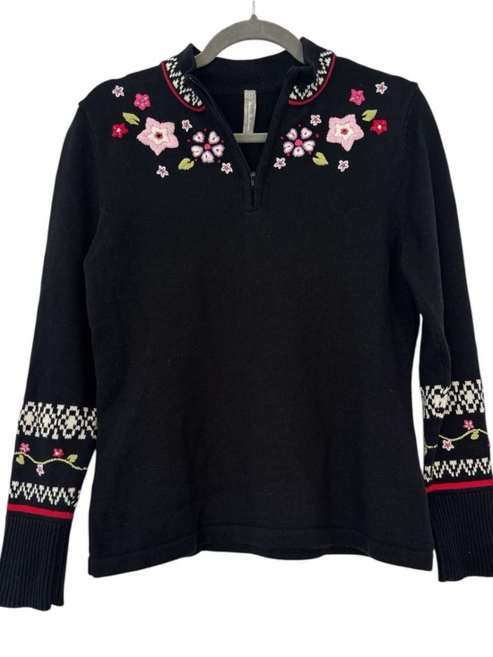 Hanna Andersson Nordic Floral Embroidered Sweater in Black Size Small